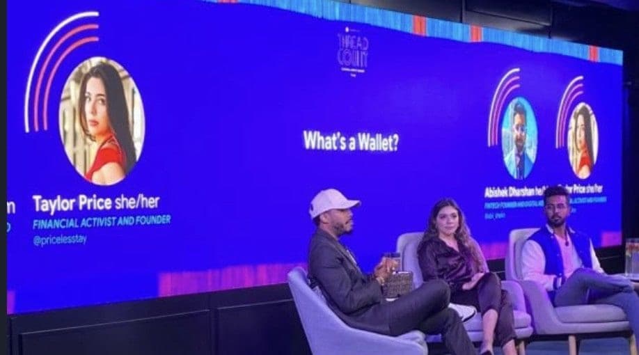 What's a Wallet? on a Thread Count screen that also shows Taylor Price, Financial Activist and Founder, with three speakers seated on stage.