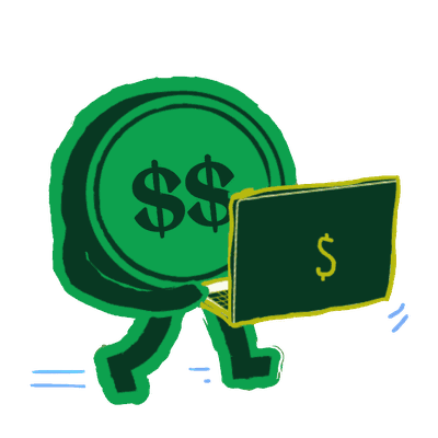 Strategist Money Type coin character with a laptop